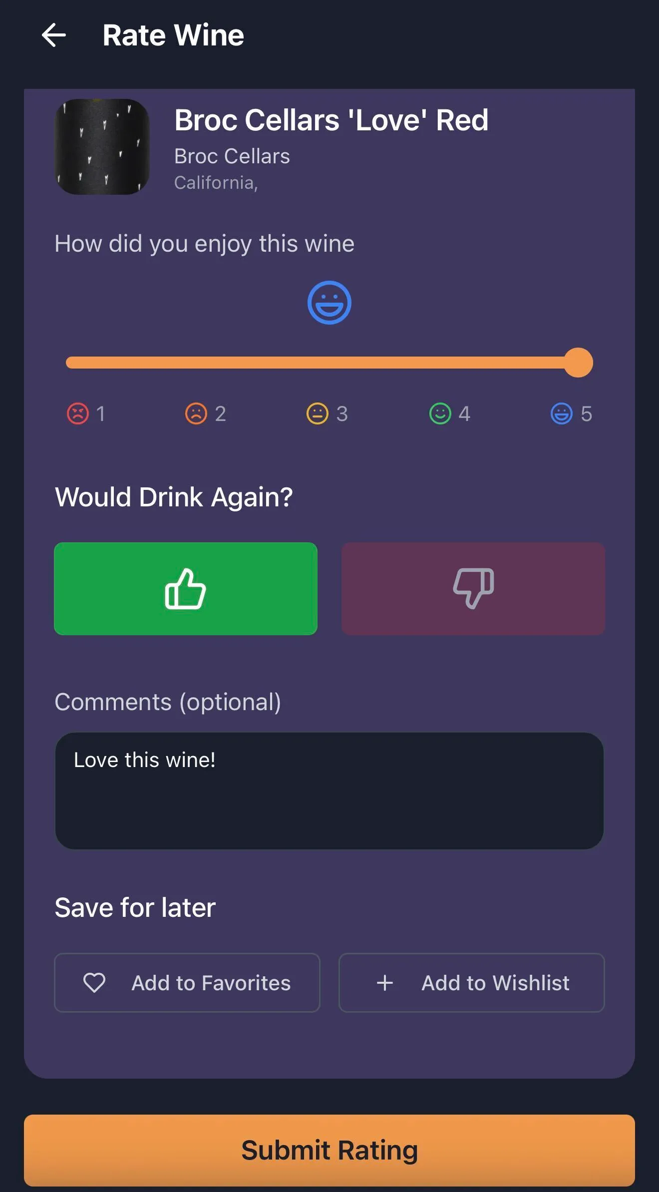 JÜCE wine rating screen with a five-point rating, drink-again choice, comments, favorites, and wishlist.