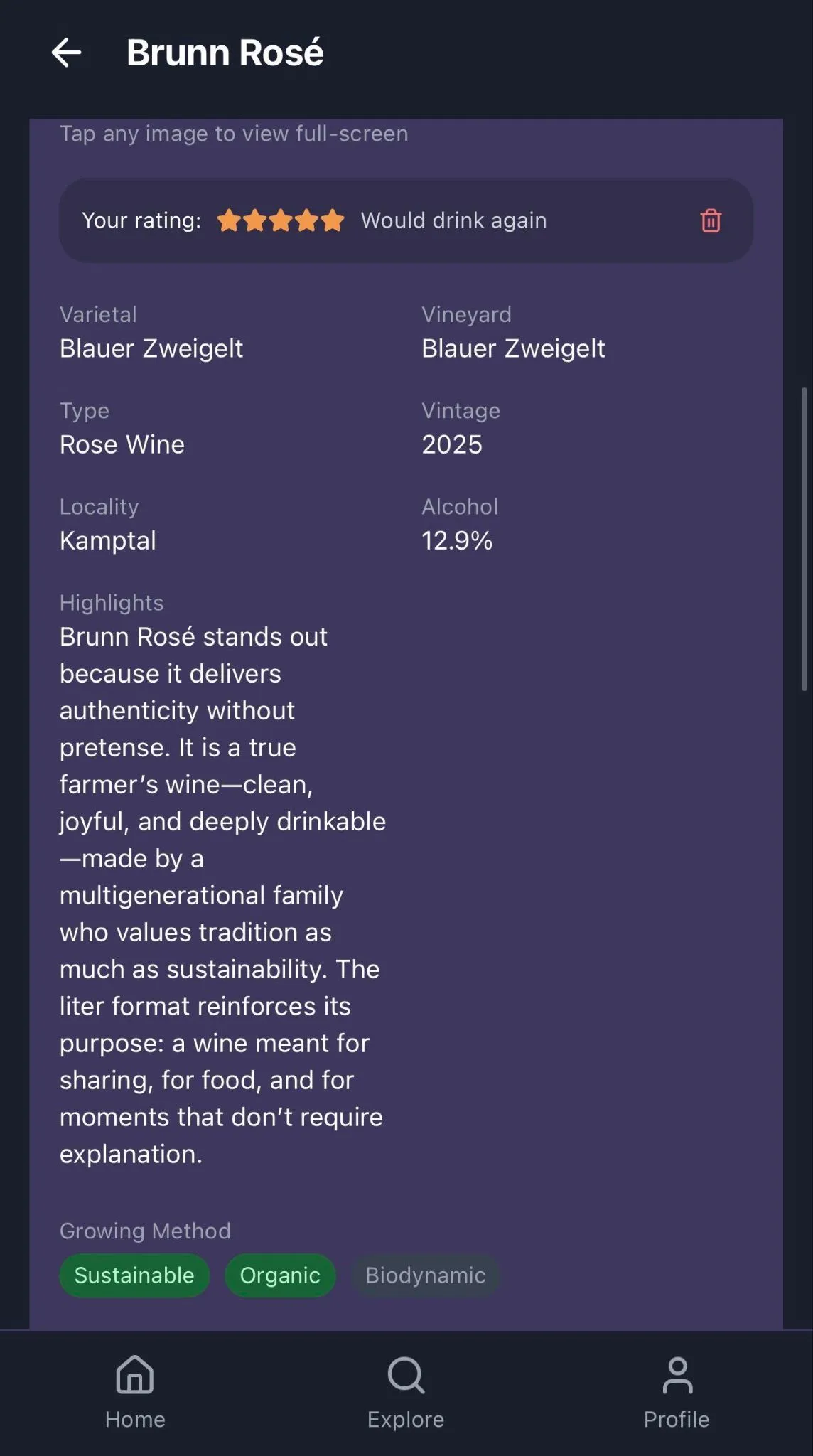 JÜCE wine overview screen showing rating, varietal, vineyard, vintage, highlights, and growing methods.